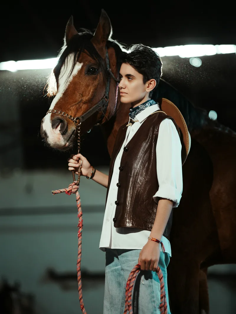 Suede western vest full look with rope lead