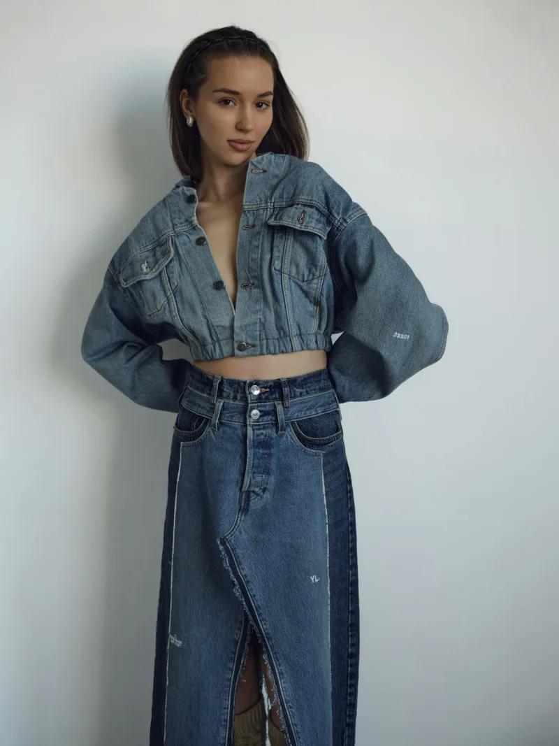 Cropped denim jacket with a matching denim maxi skirt