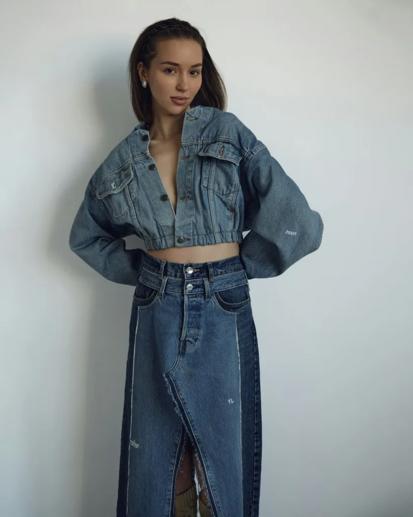 Cropped denim jacket with a matching denim maxi skirt