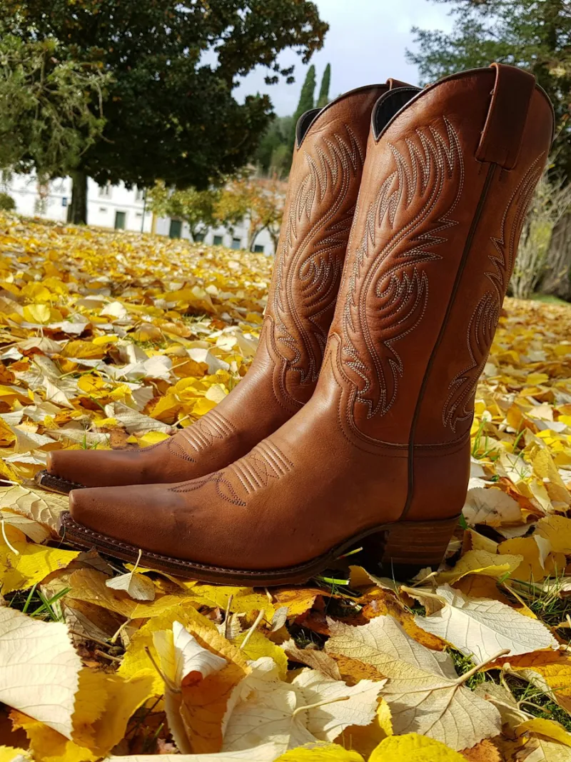 Brown tooled leather western boots in autumn leaves